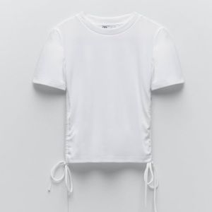 Zara White Ruched Ribbed Side Tie Crop Top